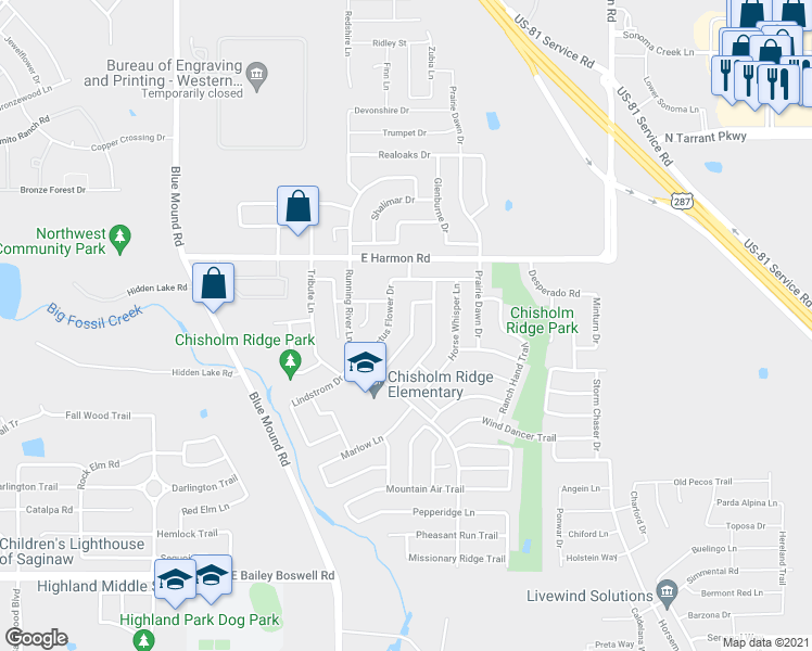 map of restaurants, bars, coffee shops, grocery stores, and more near 8512 Hawks Nest Drive in Fort Worth