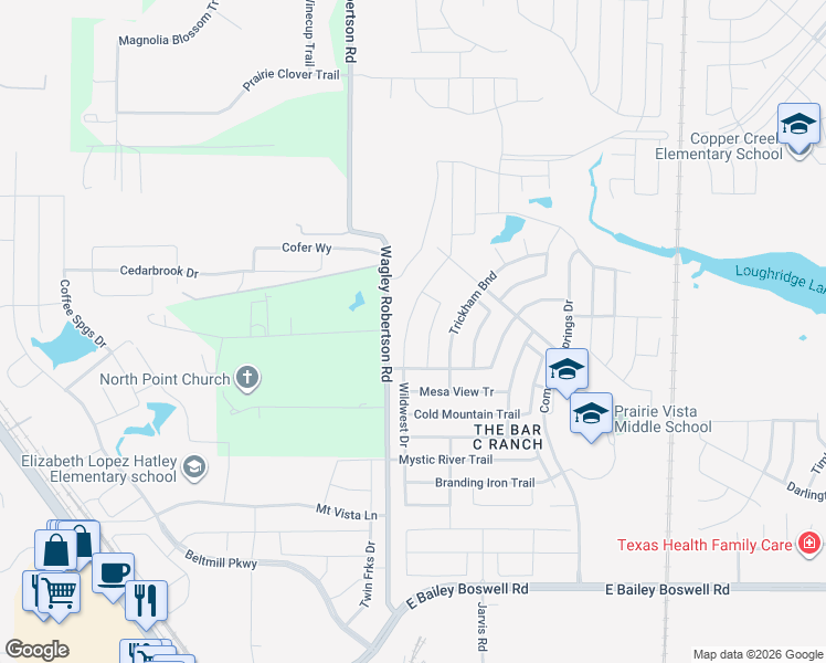 map of restaurants, bars, coffee shops, grocery stores, and more near 8400 Wagley Robertson Road in Fort Worth