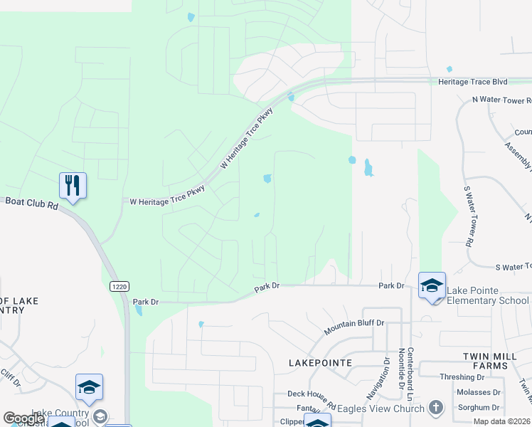 map of restaurants, bars, coffee shops, grocery stores, and more near 9600 Park Drive in Fort Worth
