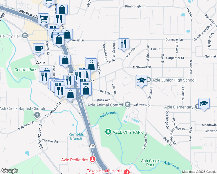 map of restaurants, bars, coffee shops, grocery stores, and more near 108 Corbin Lane in Azle