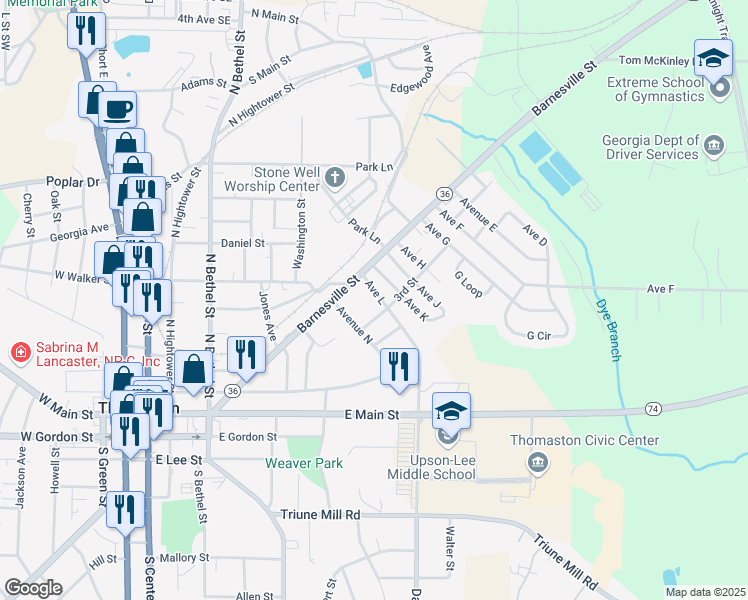 map of restaurants, bars, coffee shops, grocery stores, and more near 109 Avenue L in Thomaston