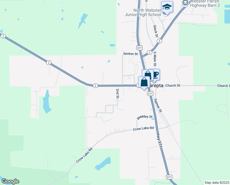 map of restaurants, bars, coffee shops, grocery stores, and more near 134 2nd Street in Sarepta