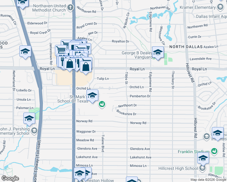 map of restaurants, bars, coffee shops, grocery stores, and more near 6304 Orchid Lane in Dallas