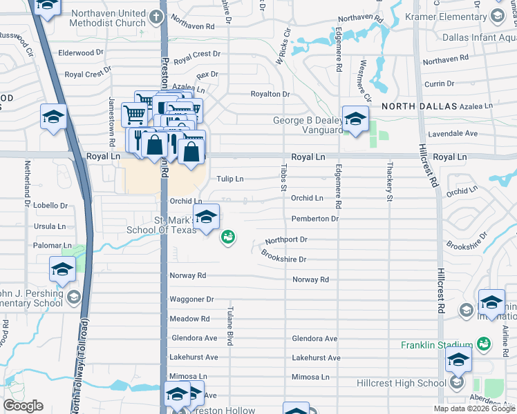 map of restaurants, bars, coffee shops, grocery stores, and more near 6304 Orchid Ln in Dallas