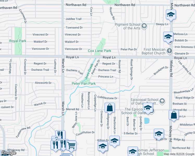 map of restaurants, bars, coffee shops, grocery stores, and more near 3816 Princess Lane in Dallas