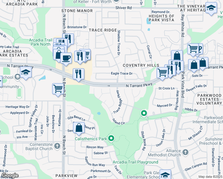 map of restaurants, bars, coffee shops, grocery stores, and more near 8458 Ram Ridge Court in Fort Worth