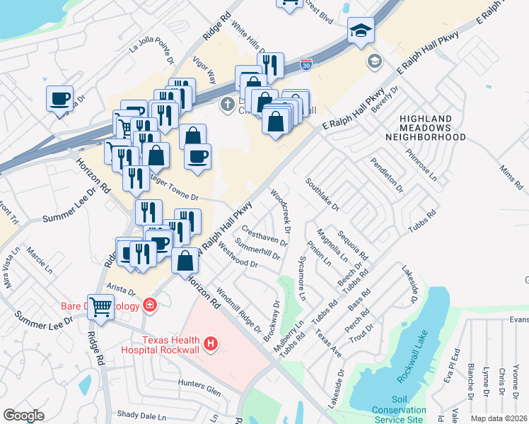 map of restaurants, bars, coffee shops, grocery stores, and more near 201 Overbrook Court in Rockwall
