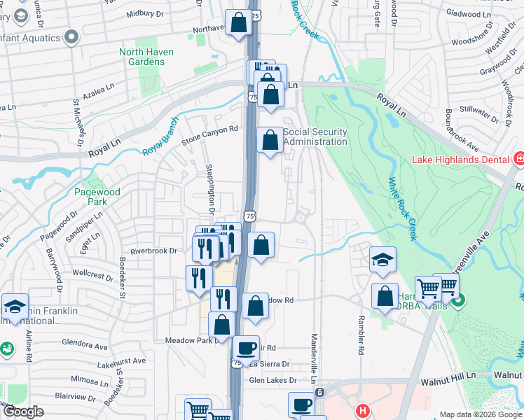 map of restaurants, bars, coffee shops, grocery stores, and more near 10670 North Central Expressway in Dallas