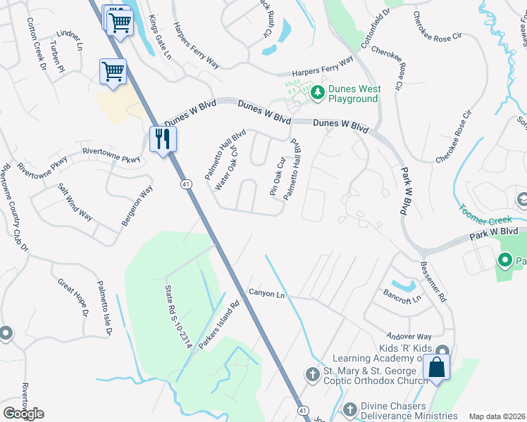 map of restaurants, bars, coffee shops, grocery stores, and more near 2701 Palmetto Hall Boulevard in Mount Pleasant
