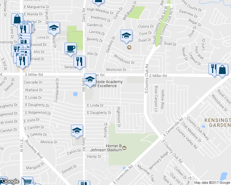 map of restaurants, bars, coffee shops, grocery stores, and more near 2110 High Summit Drive in Garland