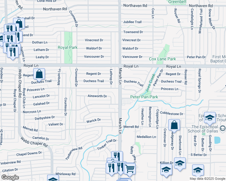 map of restaurants, bars, coffee shops, grocery stores, and more near 3666 Princess Lane in Dallas