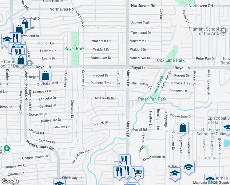 map of restaurants, bars, coffee shops, grocery stores, and more near 3632 Princess Lane in Dallas