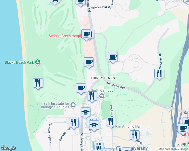 map of restaurants, bars, coffee shops, grocery stores, and more near 3377 North Torrey Pines Court in San Diego
