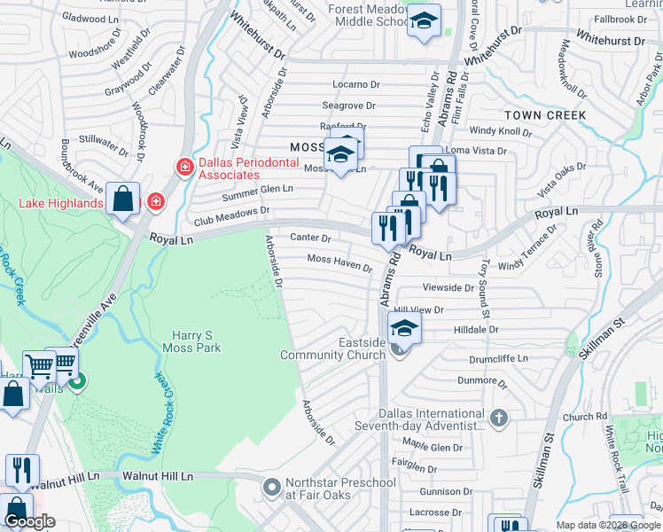 map of restaurants, bars, coffee shops, grocery stores, and more near 9238 Moss Haven Drive in Dallas
