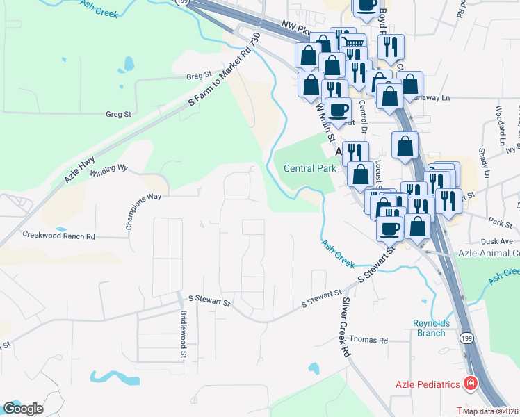 map of restaurants, bars, coffee shops, grocery stores, and more near 421 Turpin Drive in Azle