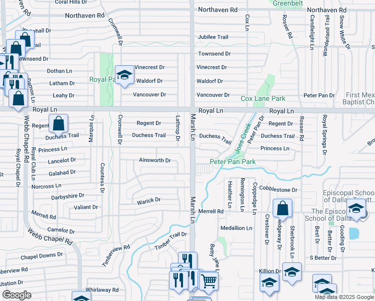 map of restaurants, bars, coffee shops, grocery stores, and more near 3666 Princess Lane in Dallas