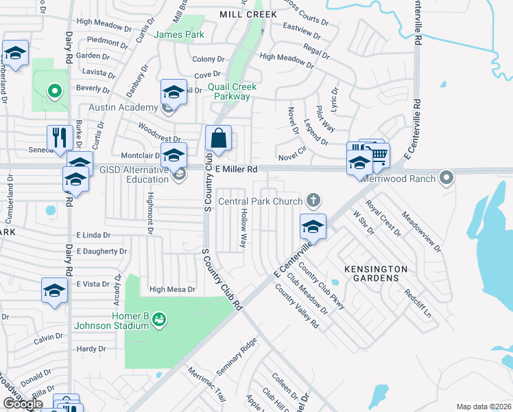 map of restaurants, bars, coffee shops, grocery stores, and more near 2301 Country Valley Road in Garland
