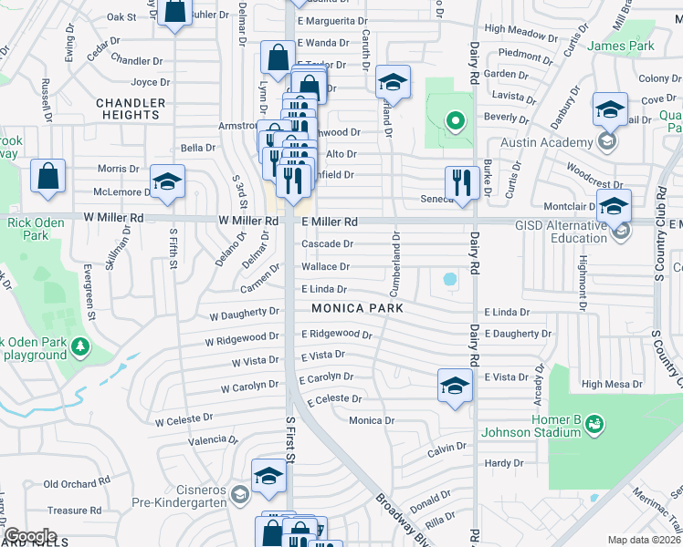 map of restaurants, bars, coffee shops, grocery stores, and more near 218 Wallace Dr in Garland