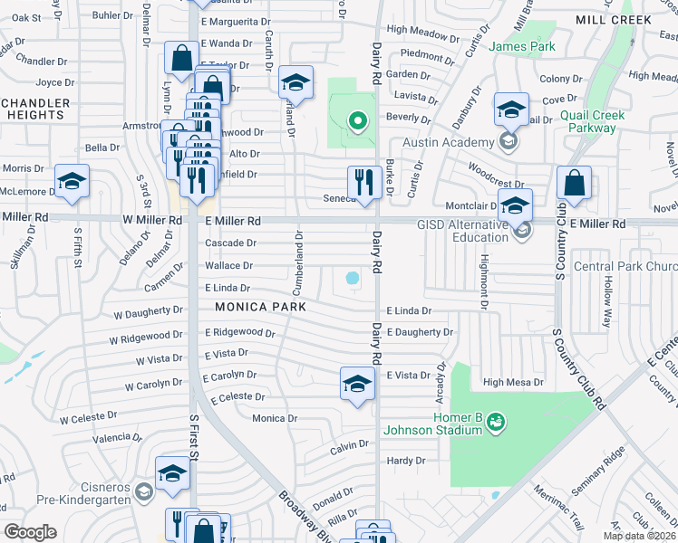 map of restaurants, bars, coffee shops, grocery stores, and more near 951 Broadway Boulevard in Garland