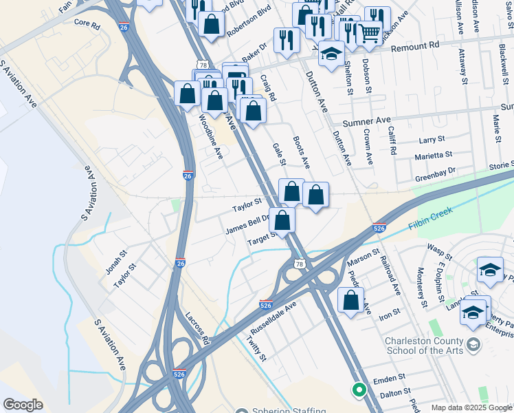 map of restaurants, bars, coffee shops, grocery stores, and more near 2105 Taylor Street in North Charleston