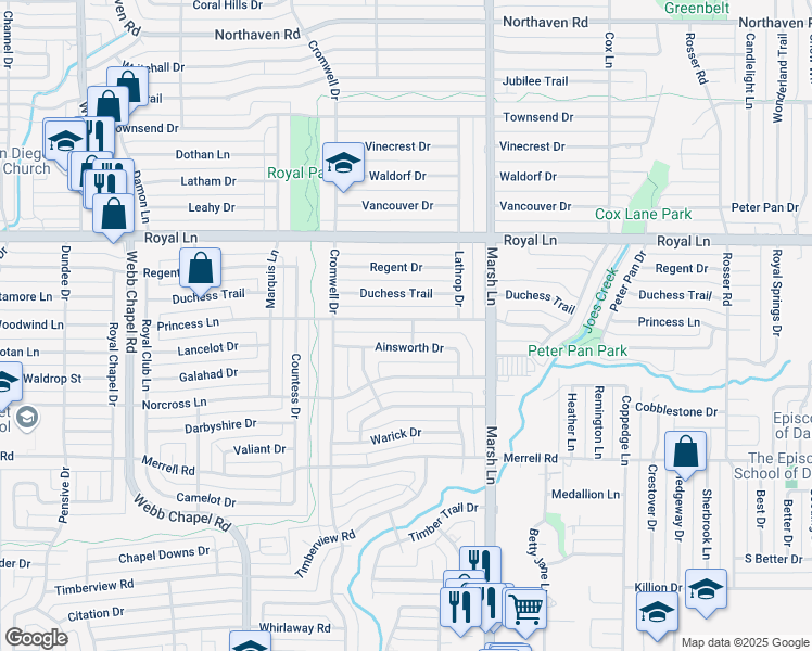 map of restaurants, bars, coffee shops, grocery stores, and more near 3566 Princess Lane in Dallas