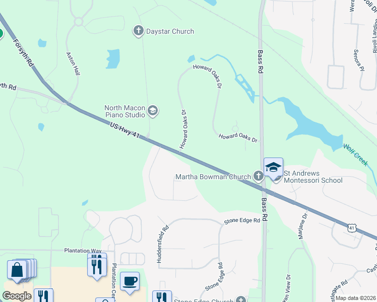 map of restaurants, bars, coffee shops, grocery stores, and more near 5891 Forsyth Road in Macon