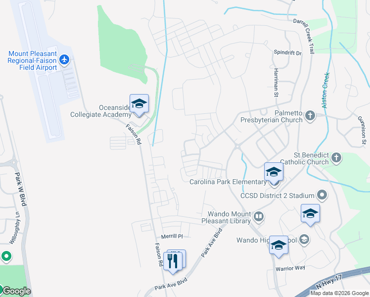 map of restaurants, bars, coffee shops, grocery stores, and more near Watt Pond Road in Mount Pleasant