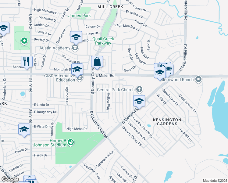 map of restaurants, bars, coffee shops, grocery stores, and more near 2301 Country Valley Road in Garland