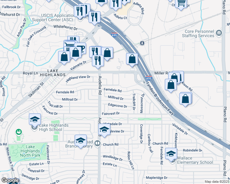 map of restaurants, bars, coffee shops, grocery stores, and more near 10933 Ferndale Road in Dallas