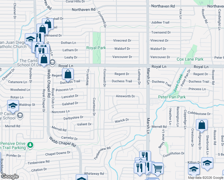 map of restaurants, bars, coffee shops, grocery stores, and more near 3528 Princess Lane in Dallas