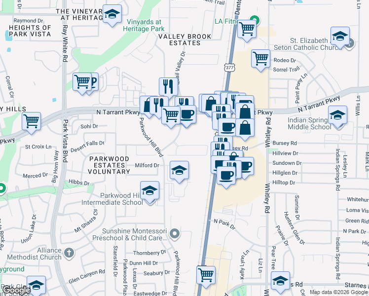 map of restaurants, bars, coffee shops, grocery stores, and more near 5801 Blackmon Court in Fort Worth