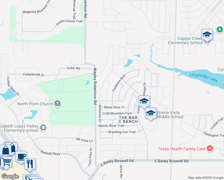 map of restaurants, bars, coffee shops, grocery stores, and more near 8328 Trickham Bend in Fort Worth