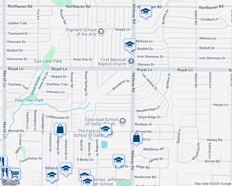 map of restaurants, bars, coffee shops, grocery stores, and more near 4131 Beaver Brook Lane in Dallas