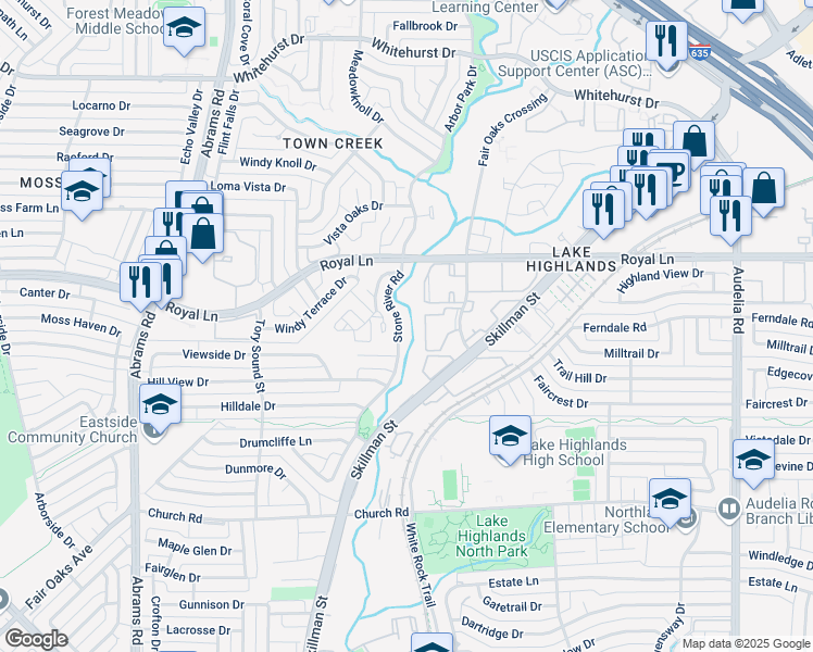 map of restaurants, bars, coffee shops, grocery stores, and more near 8302 Fair Oaks Crossing in Dallas