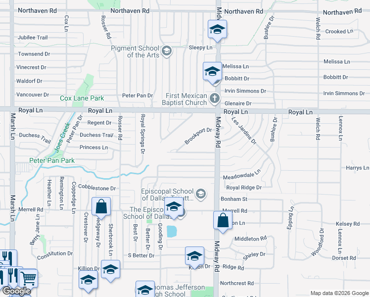 map of restaurants, bars, coffee shops, grocery stores, and more near 4112 Brookport Drive in Dallas