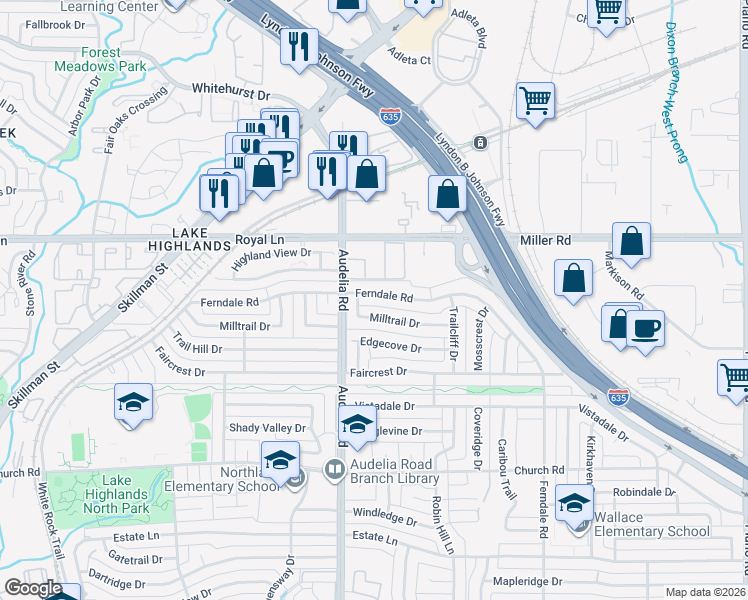 map of restaurants, bars, coffee shops, grocery stores, and more near 9905 Milltrail Drive in Dallas