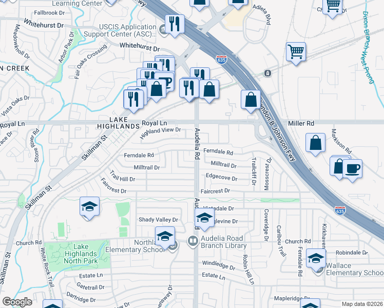 map of restaurants, bars, coffee shops, grocery stores, and more near 10404 Sunshine Circle in Dallas