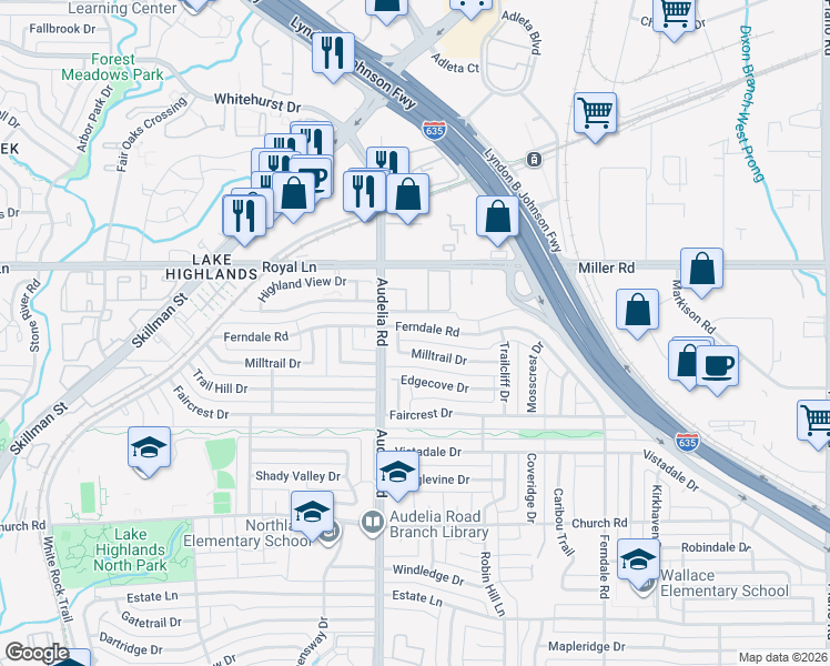 map of restaurants, bars, coffee shops, grocery stores, and more near 9905 Milltrail Drive in Dallas