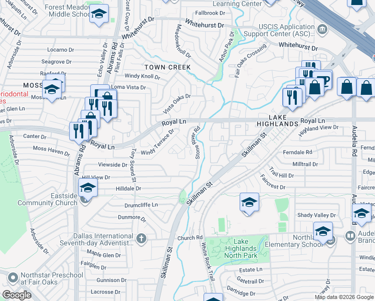map of restaurants, bars, coffee shops, grocery stores, and more near 8319 Southmeadow Circle in Dallas