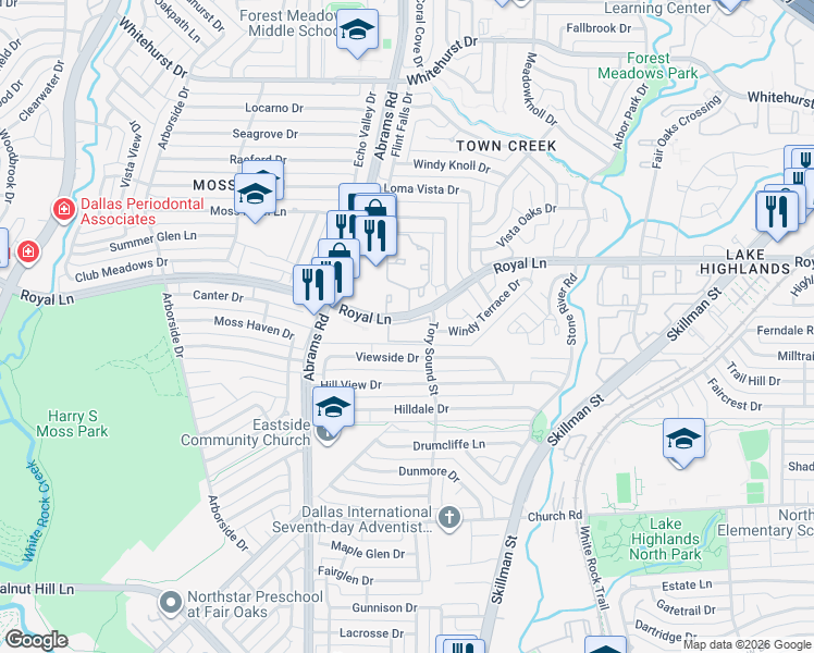 map of restaurants, bars, coffee shops, grocery stores, and more near 9523 Viewside Drive in Dallas