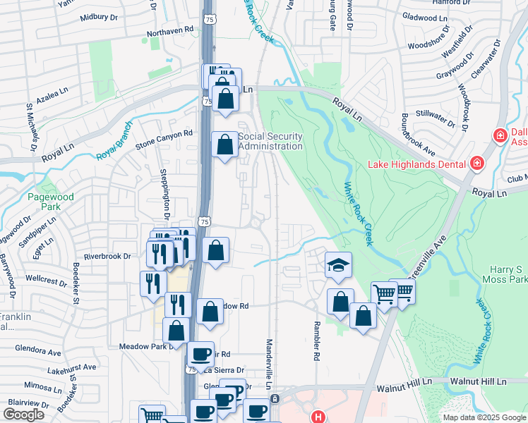 map of restaurants, bars, coffee shops, grocery stores, and more near 8401 Manderville Ln in Dallas
