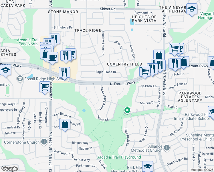 map of restaurants, bars, coffee shops, grocery stores, and more near 8471 Fern Lake Court in Fort Worth
