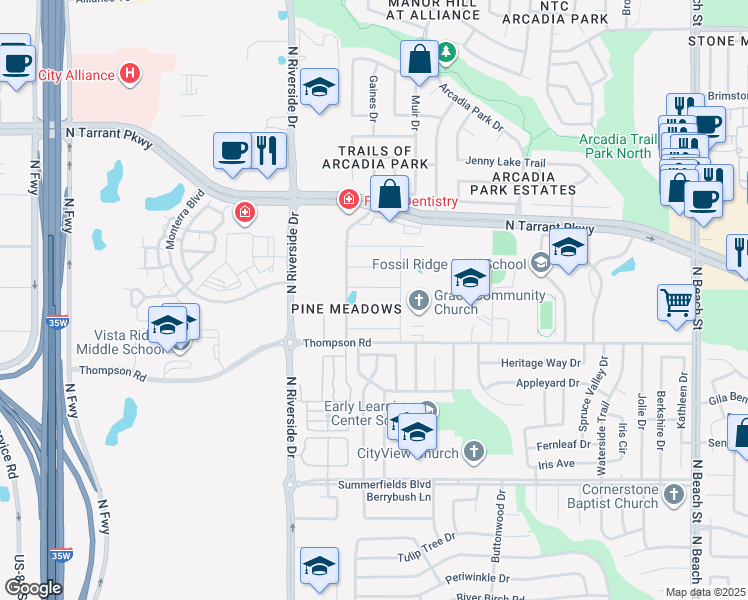 map of restaurants, bars, coffee shops, grocery stores, and more near 3724 Peach Blossom Road in Fort Worth