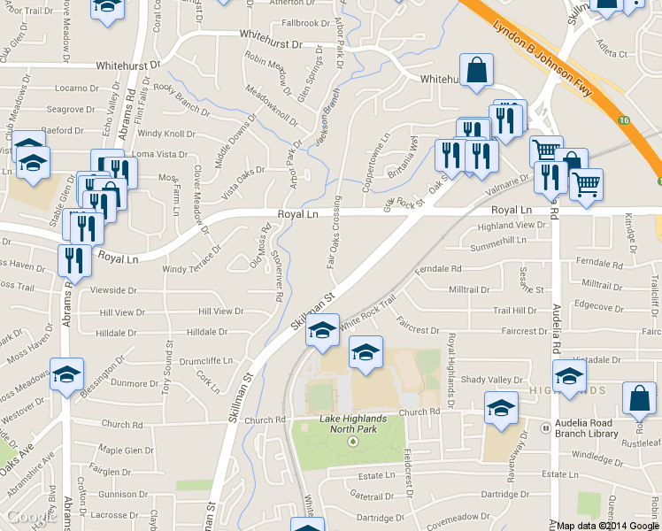 map of restaurants, bars, coffee shops, grocery stores, and more near 8201 Fair Oaks Crossing in Dallas