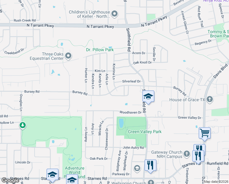 map of restaurants, bars, coffee shops, grocery stores, and more near 7801 Bursey Court in North Richland Hills