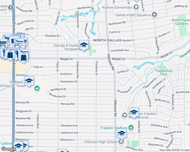map of restaurants, bars, coffee shops, grocery stores, and more near 6623 Pemberton Drive in Dallas
