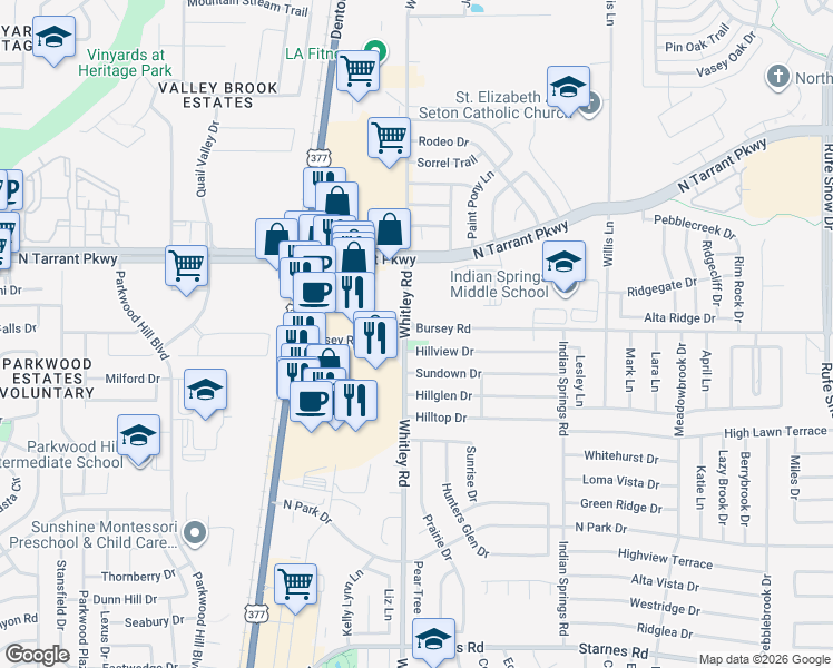 map of restaurants, bars, coffee shops, grocery stores, and more near 5917 Hillview Drive in Watauga