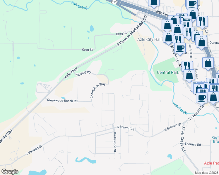 map of restaurants, bars, coffee shops, grocery stores, and more near 156 Champions Way in Azle