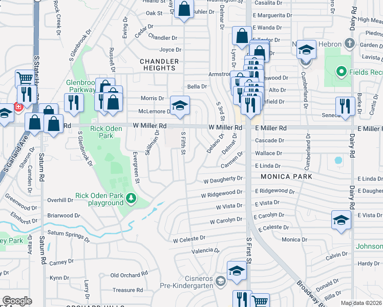 map of restaurants, bars, coffee shops, grocery stores, and more near 2048 South 5th Street in Garland