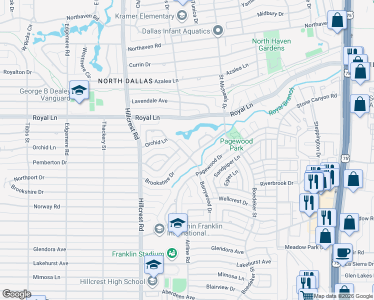 map of restaurants, bars, coffee shops, grocery stores, and more near 7050 Orchid Lane in Dallas
